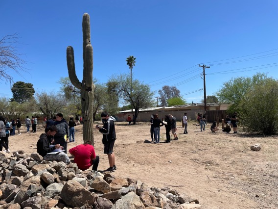 Multiple middle school students standing in small groups in a desert landscape. Students are carrying notebooks and some are writing down information.