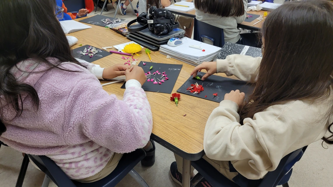 Two students are seated at a table. They have black construction paper in front of them and are placing flower petals on this paper.