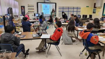 Classroom full of elementary students. There is a teacher at the front of the classroom by a projector screen. The screen has an image of a flower diagram on it.